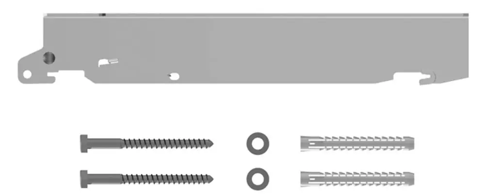 Kermi Schnellmontage-Konsolen-Set mit einer langen Halterung und zwei Schrauben sowie Unterlegscheiben für die Montage. Gezeigt ist eine Metallkonsole in neutraler Farbe.